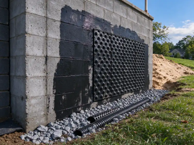 The back face of a gray concrete block retaining wall covered with a black rubberized waterproofing coating and a dimpled drainage board, Charlotte area
