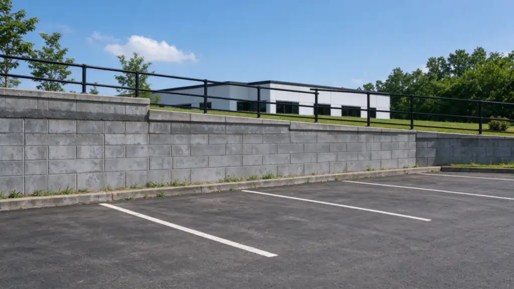 A tall gray modular block retaining wall about eight feet high along the back edge of the parking lot of a small single-story office building, Charlotte area