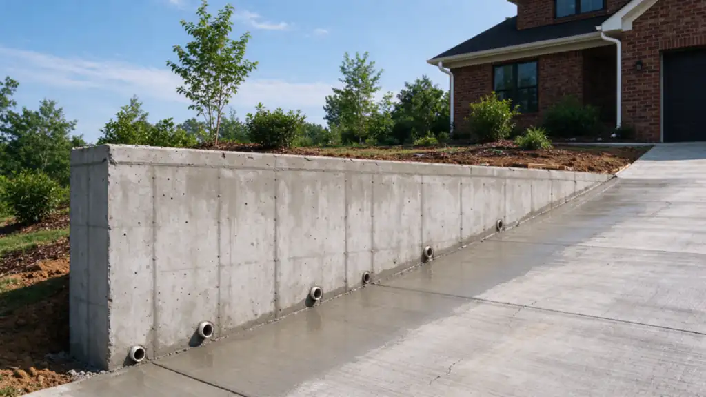 A cast-in-place concrete retaining wall about five feet tall with weep pipes at its base, along a sloped driveway in Charlotte