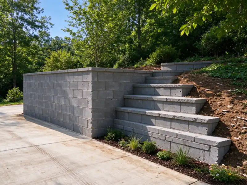 The end of a driveway retaining wall returning into the slope with the courses stepping down, Charlotte area