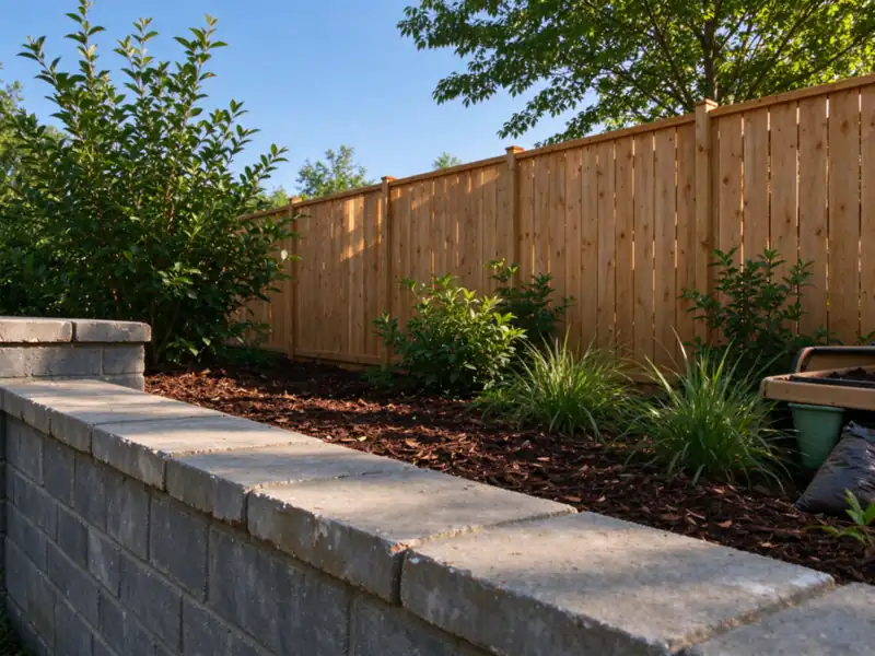A short gap of mulch between the back of the wall caps and a new wooden fence line, Charlotte area