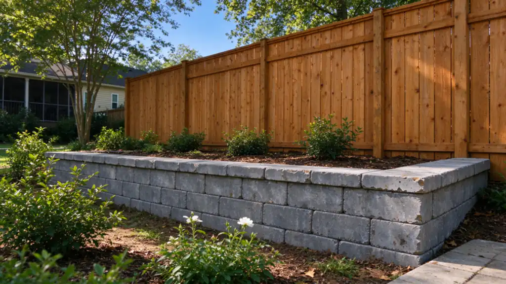 A wooden privacy fence set back about two feet from the top of a gray segmental block retaining wall in a Charlotte back yard
