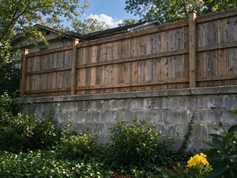 A wood fence leaning slightly at the top of an older block retaining wall, Charlotte area