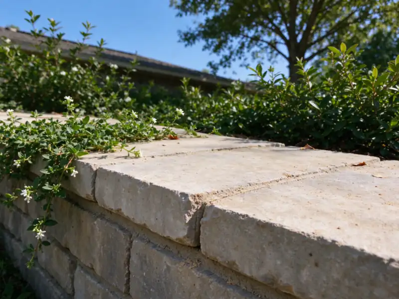 The cap stone on a low garden wall with low plants spilling over, Charlotte area