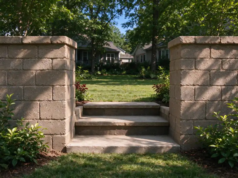 Two low garden walls framing three steps down to a lawn, Charlotte area