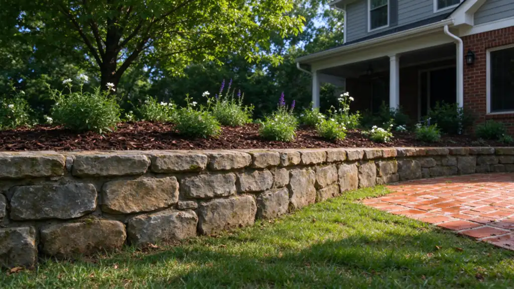 A low curved natural stone garden retaining wall about two feet tall holding a raised flower bed with small perennials and mulch, Charlotte area