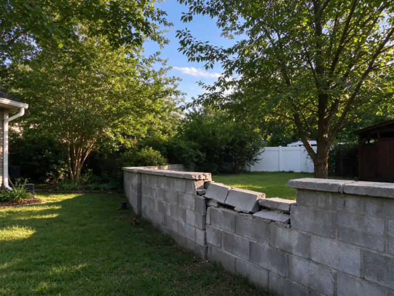 A shared retaining wall with displaced caps running across two back yards, Charlotte area