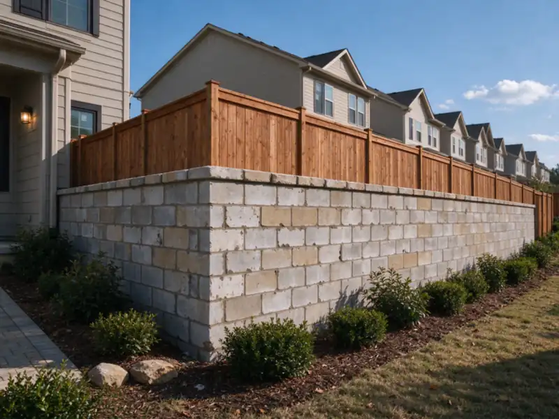 A long retaining wall along the back of a row of townhome yards with a wooden privacy fence above, Charlotte area