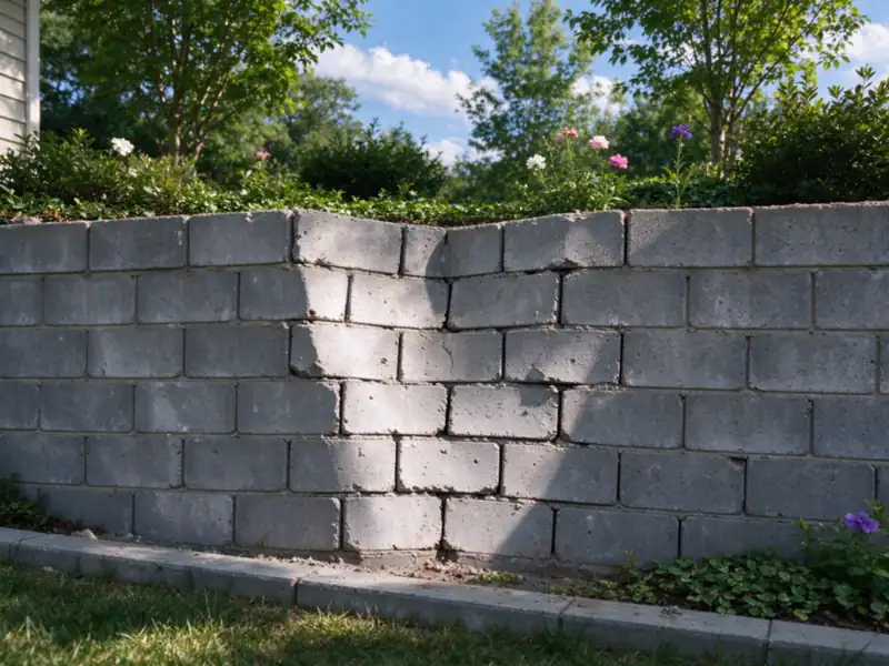 A section of a gray block retaining wall bulging outward in the middle while its two ends stay straight, Charlotte area