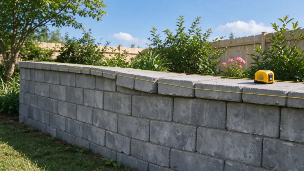 A gray segmental block retaining wall in a Charlotte back yard with a taut yellow string line stretched along its top course from end to end