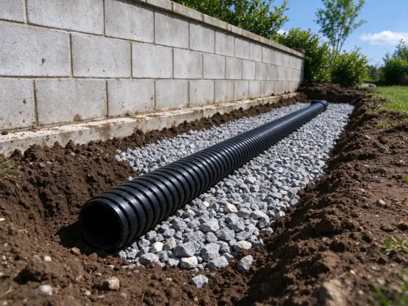 New clean gray drainage gravel placed around a perforated pipe in a narrow trench just behind an existing block wall, Charlotte area