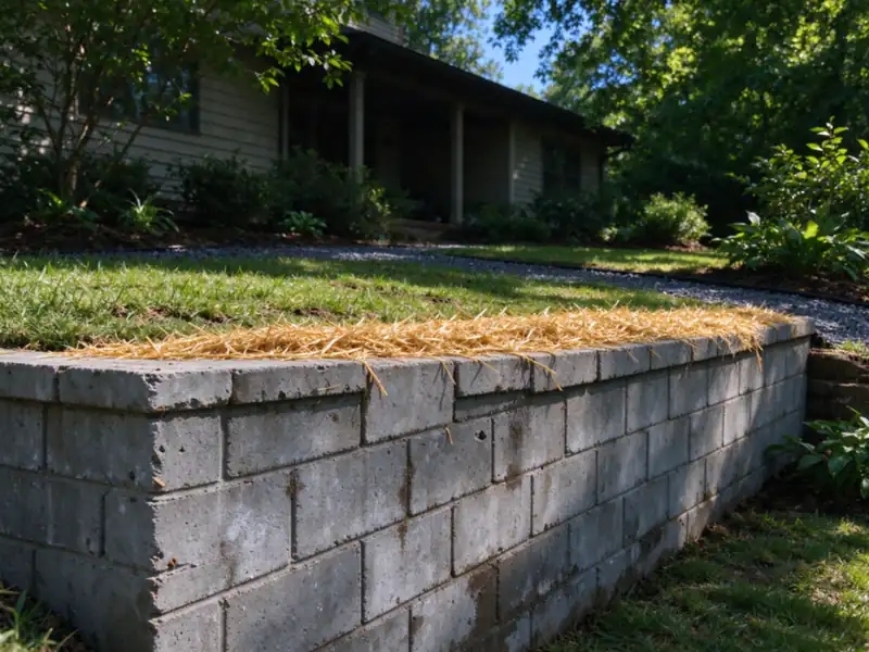 Restored lawn with fresh straw along the top of an existing gray block retaining wall after drain work, wall face unchanged, Charlotte area