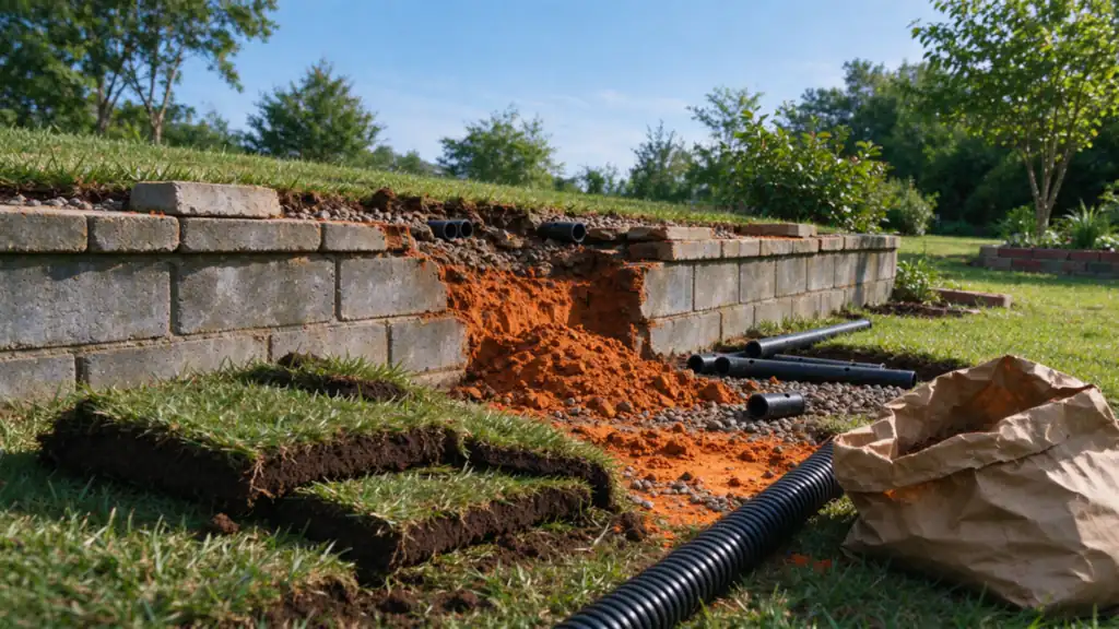 A narrow trench dug along the top of an existing gray block retaining wall in a Charlotte back yard, the lawn cut back and stacked as sod rolls