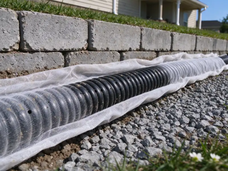 A black corrugated perforated drain pipe in a white filter sock resting on gravel at the heel of the first block course, Charlotte area