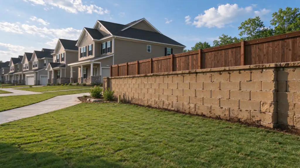 A tall tan segmental block retaining wall about six feet high along the back of a row of new two-story houses, a newer subdivision in Indian Trail, North Carolina