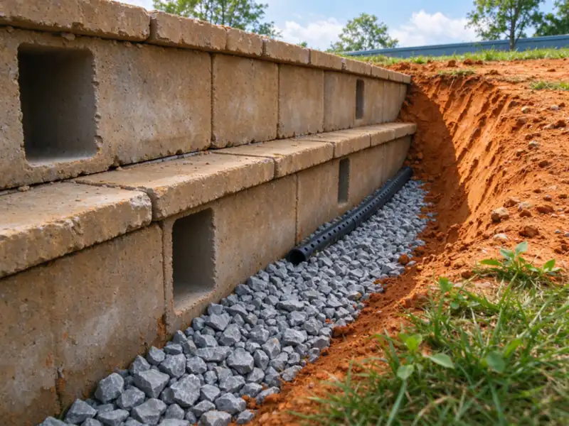Drainage gravel and a perforated pipe between the back of new segmental blocks and the cut clay slope, Charlotte area