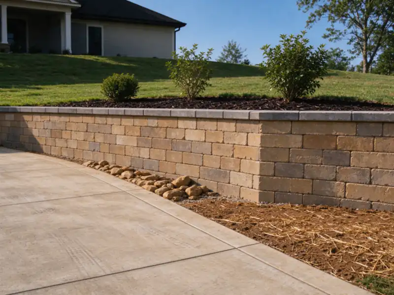 Finished tan segmental block retaining wall with gray cap blocks along the edge of a newly leveled lawn terrace behind a house, fresh mulch bed, Charlotte area