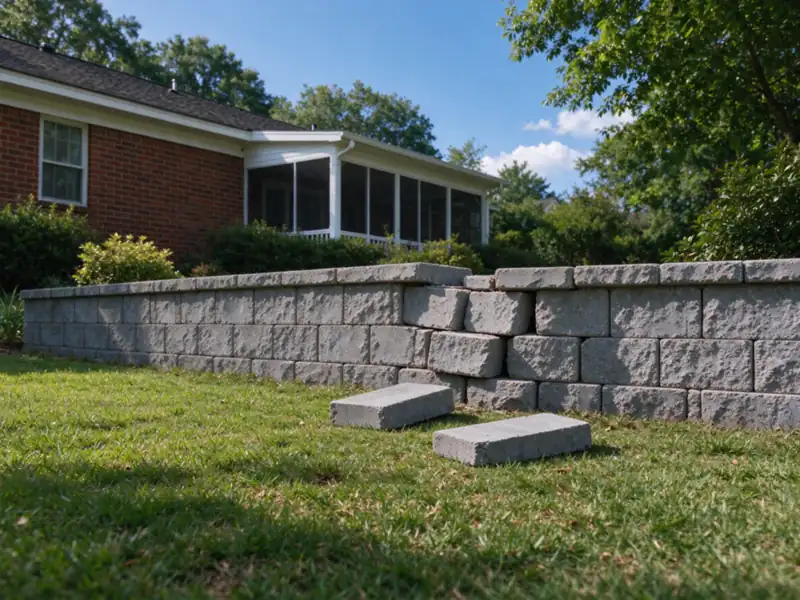 A gray block retaining wall with a section of shifted blocks and two fallen cap units on the lawn, behind a red-brick ranch house in Charlotte