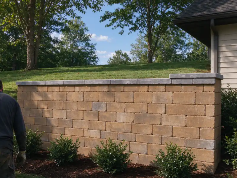 A finished replacement tan segmental retaining wall four feet tall with gray caps, a level lawn above it and a flower bed of small shrubs at its base, Charlotte area