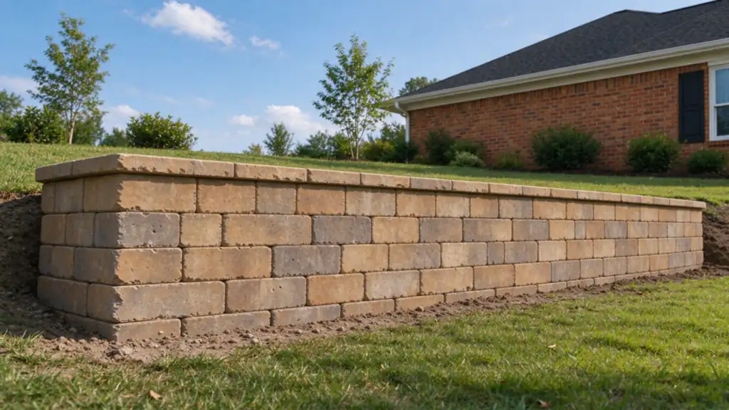 A long, gently curving segmental concrete-block retaining wall in warm tan and gray blended units with a slight backward batter, Charlotte area