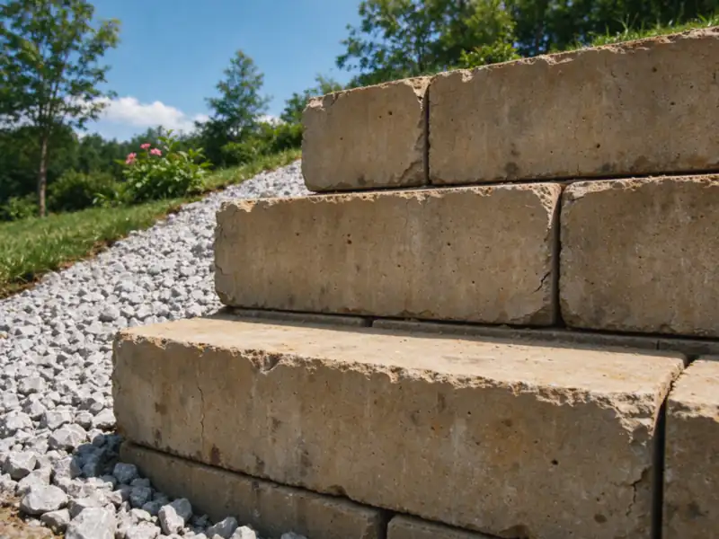 Solid tan segmental blocks stacked with each course set slightly back from the one below, gravel behind, Charlotte area