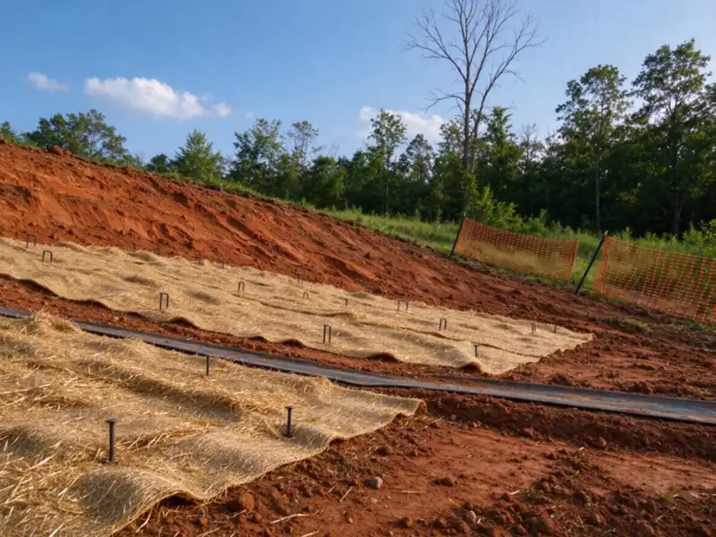 Tan straw erosion-control blanket stapled over a regraded clay slope, Charlotte area