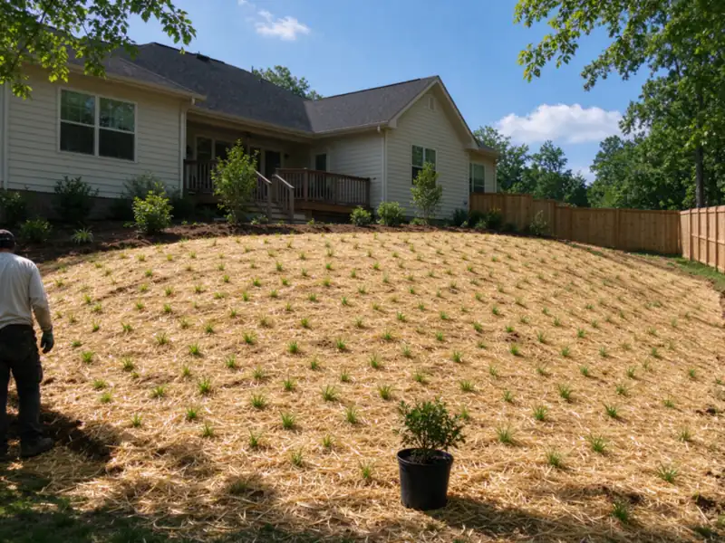 A regraded back-yard slope behind a suburban house with new green grass seedlings coming up through light straw, a few small shrubs at the top, Charlotte area