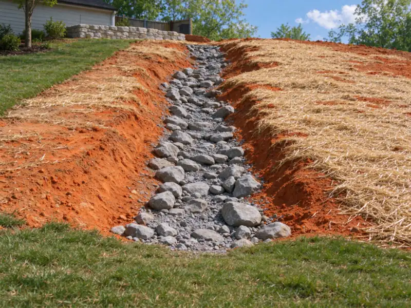 A short channel lined with gray riprap stones running straight down a regraded back-yard slope of orange-red Piedmont clay soil to a lawn, dry, Charlotte area