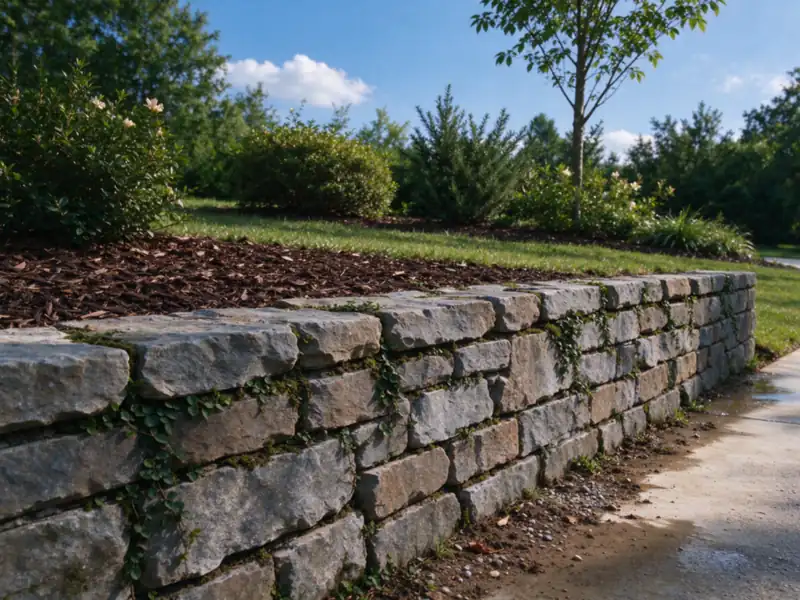 A low natural stone retaining wall with small creeping plants and moss in the joints, mulch bed above, Charlotte area