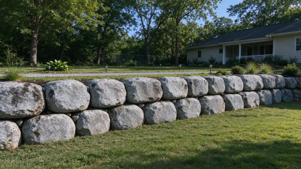A retaining wall of large rounded gray granite boulders, two rows high, holding a level back-yard terrace behind a Charlotte house