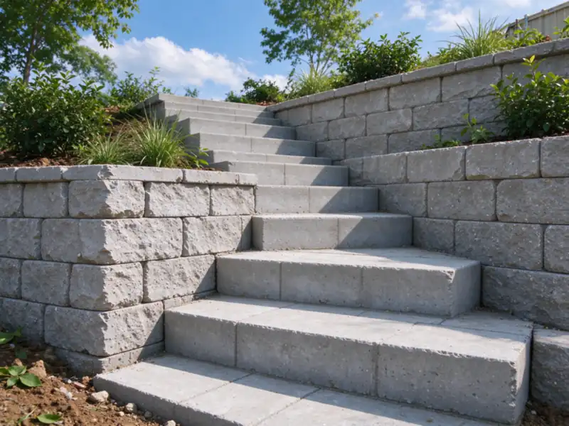 Block steps rising between two tiers of a terraced retaining wall, Charlotte area
