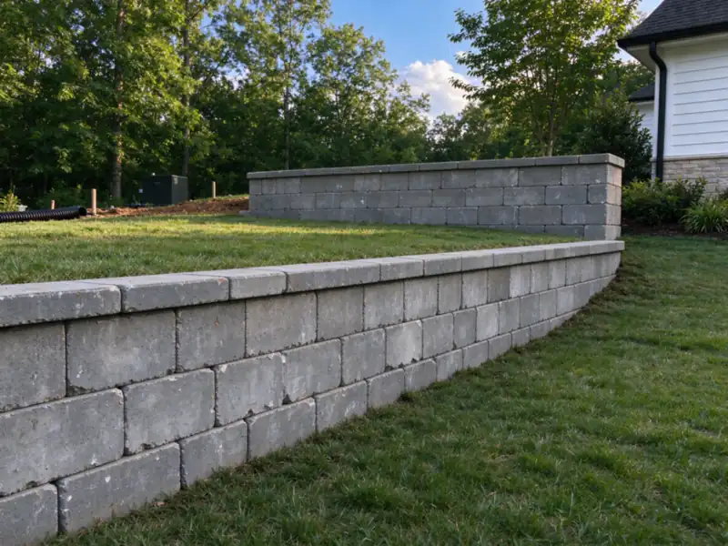 Side view of two finished gray segmental block retaining walls with solid cap units, stepping up a gentle back-yard slope, Charlotte area