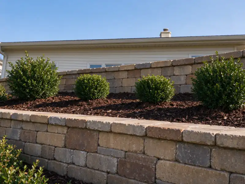 The planting bed between two terraced block walls with small boxwood shrubs and mulch, Charlotte area