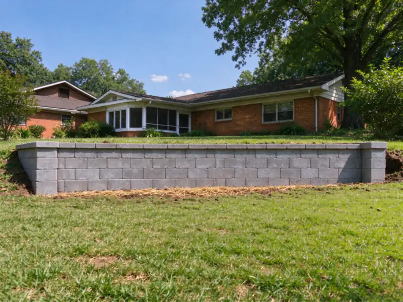 A new gray segmental block retaining wall in place of an old timber tie wall, behind a brick ranch house in Charlotte