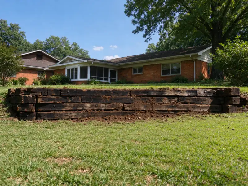 An old dark timber railroad-tie retaining wall leaning forward behind a brick ranch house in Charlotte