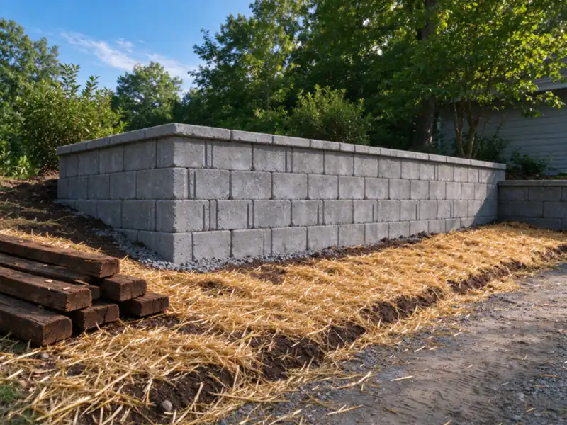 A new gray segmental block retaining wall built where an old timber wall stood, fresh straw on seeded soil in front, Charlotte area