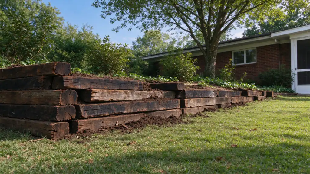 An old timber railroad-tie retaining wall leaning forward with split, soft ties behind a brick ranch house in Charlotte