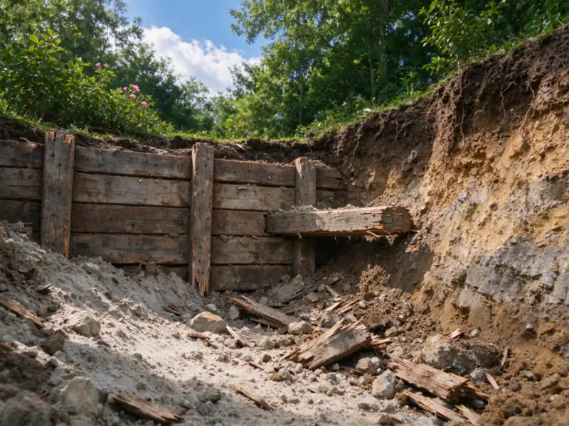 An exposed timber tieback (deadman) running back into the slope from an old timber wall, revealed during removal, Charlotte area